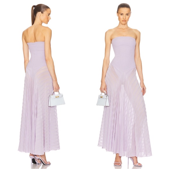 HELSA June Strapless Sheer Knit Bodysuit Lavender Purple Maxi Dress Size Small HELSA June Strapless Sheer Knit Bodysuit Lavender Purple Maxi Dress Size Small